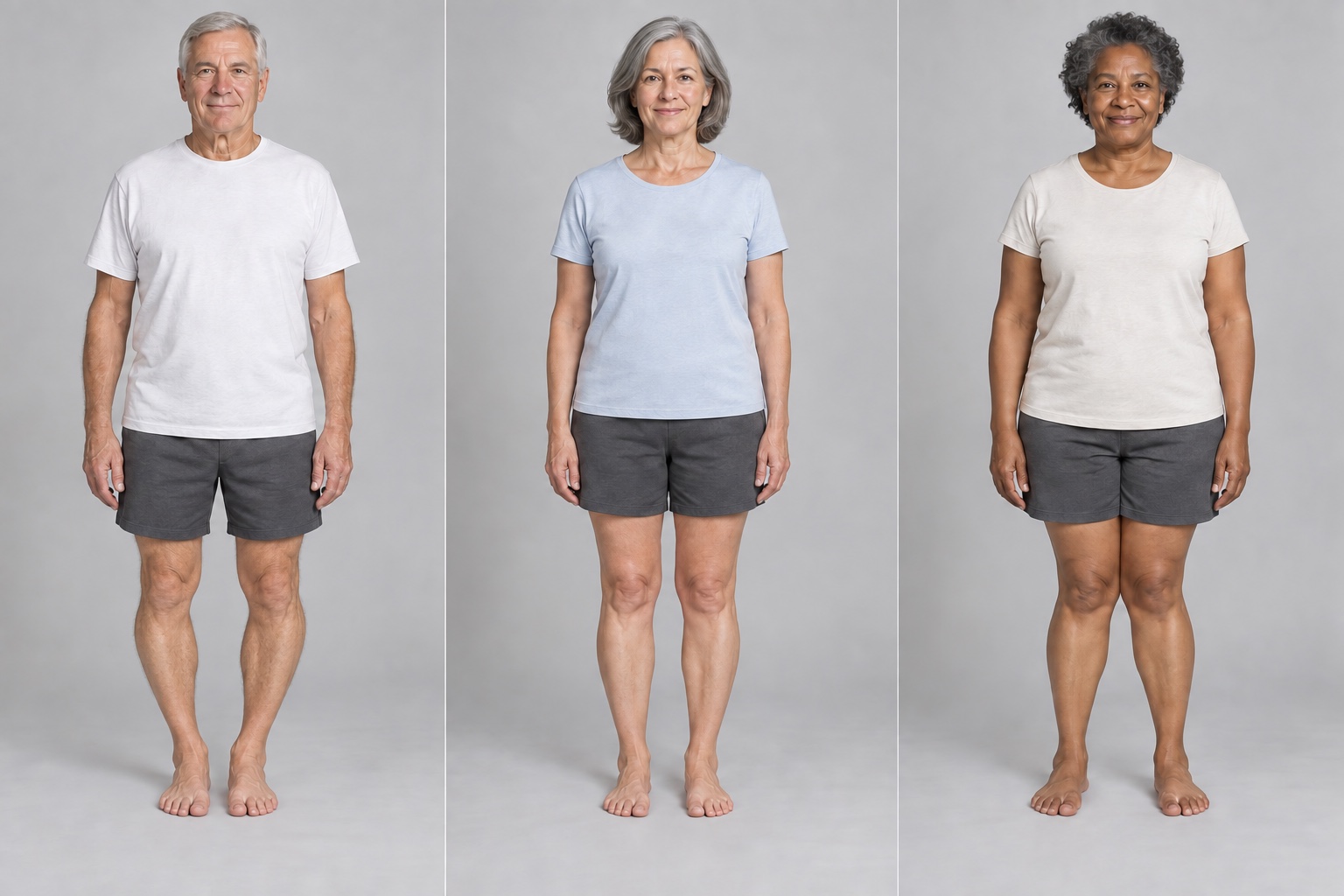 Three adults standing, each with their own leg alignment