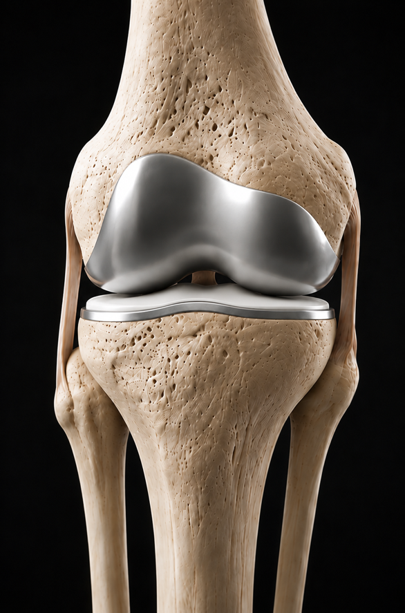 A knee resurfaced with True Knee implants, seen from the front