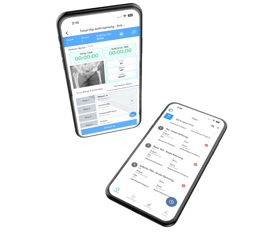 Zimmer Biomet 1Team scheduling and active-procedure app screens